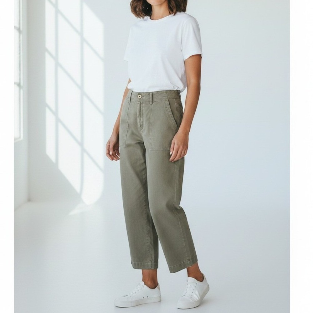Vince High Rise Utility Crop Pants Straight Leg Cotton Twill Olive Green Size 10